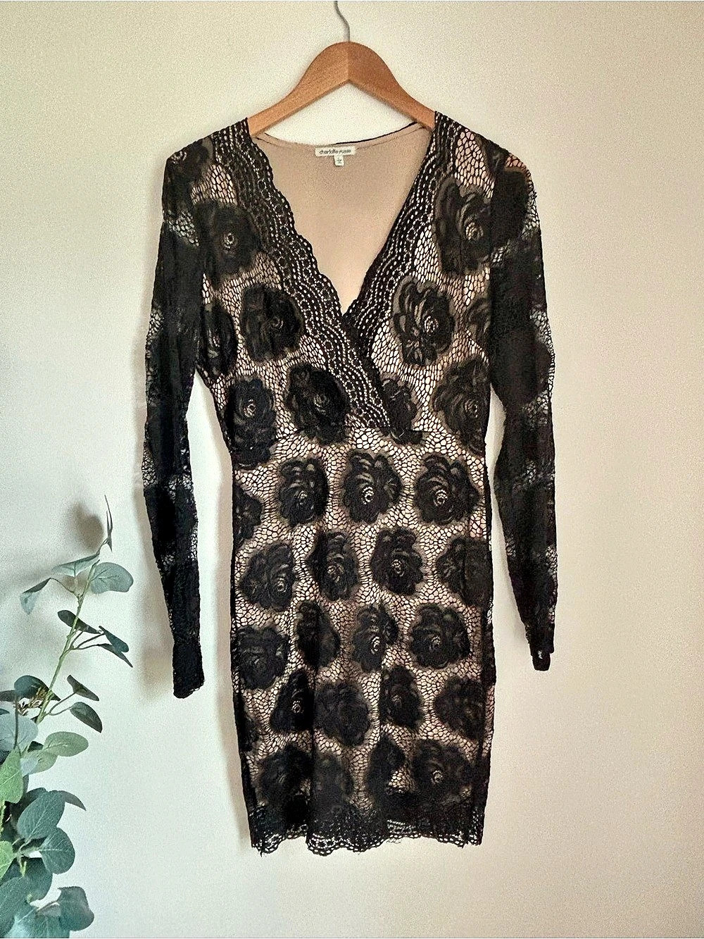 Charlotte Russe Floral Lace Mini Dress in Black & beige
